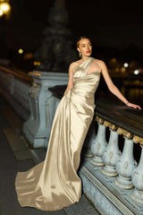 One Shoulder Mermaid Long Pleated Prom Dress with Ruffles