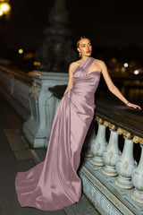 One Shoulder Mermaid Long Pleated Prom Dress with Ruffles