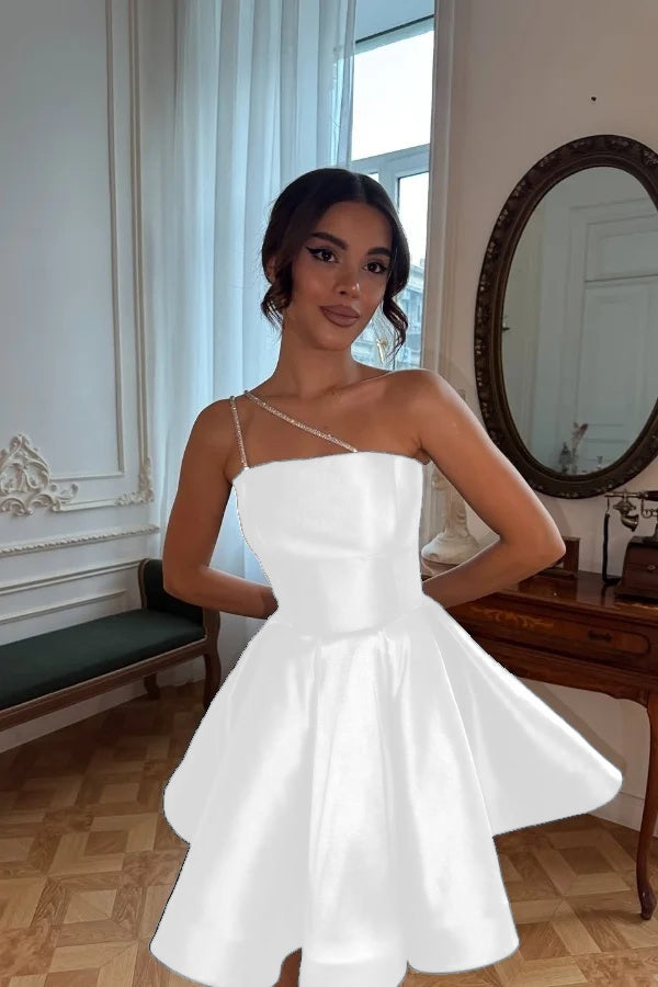 One Shoulder A-Line Short Prom Dress with Pleated Details