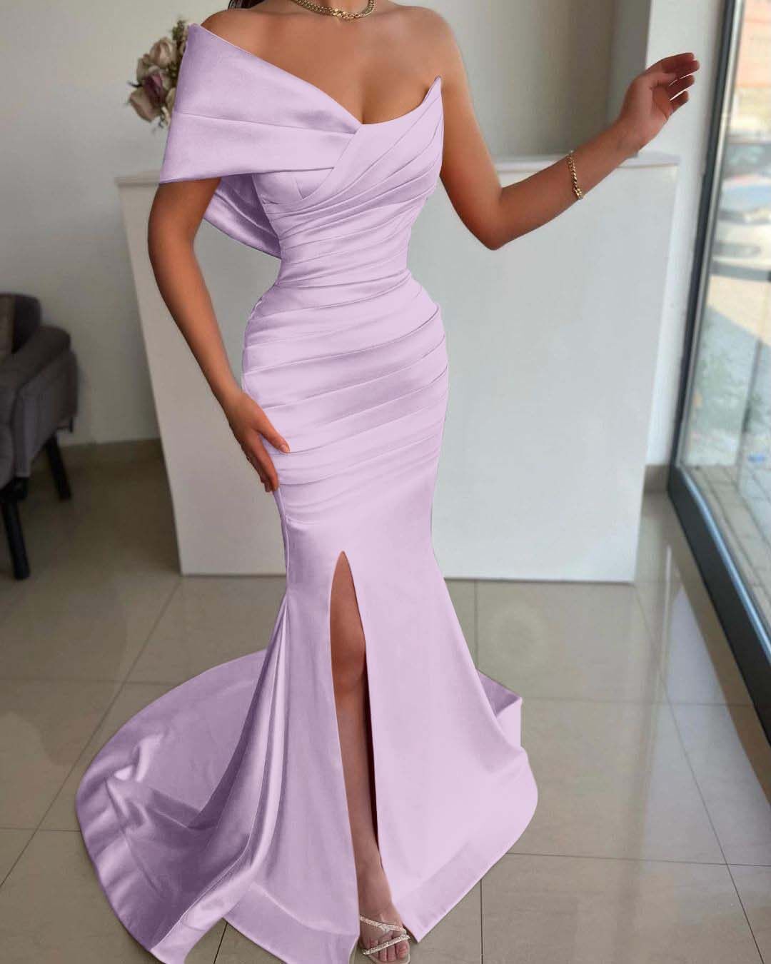 One Shoulder Mermaid Long Pleated Prom Dress with Split