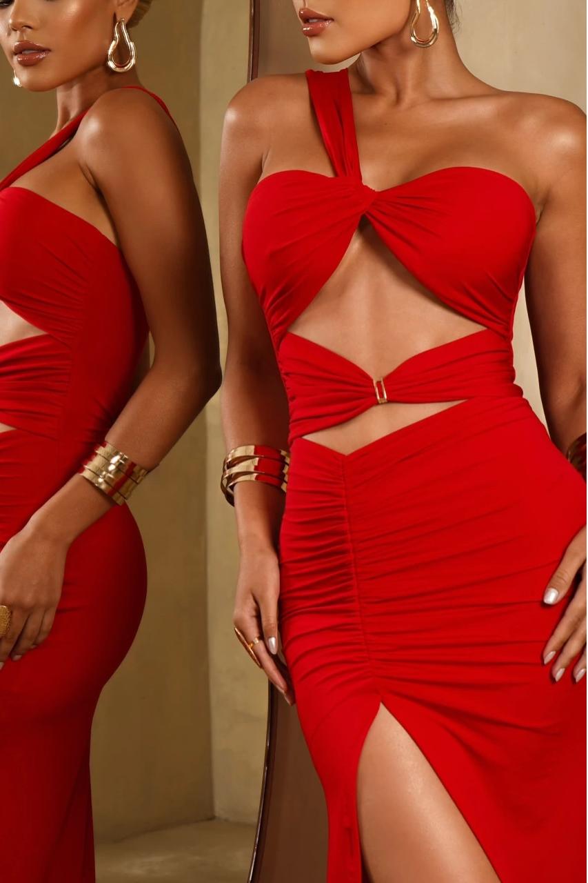 One Shoulder Sweetheart Long Pleated Prom Dress with Split