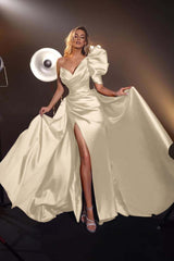 One Shoulder V Neck Long Pleated Prom Dress with Split