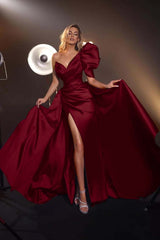 One Shoulder V Neck Long Pleated Prom Dress with Split