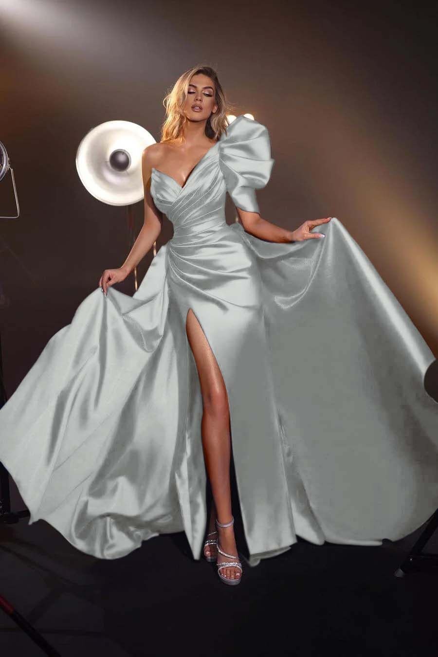 One Shoulder V Neck Long Pleated Prom Dress with Split