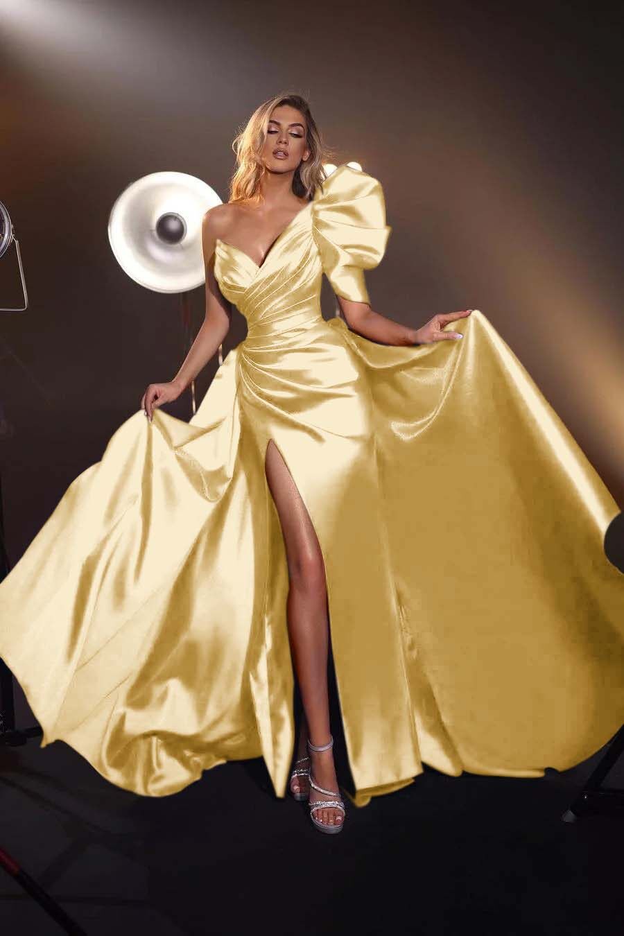 One Shoulder V Neck Long Pleated Prom Dress with Split