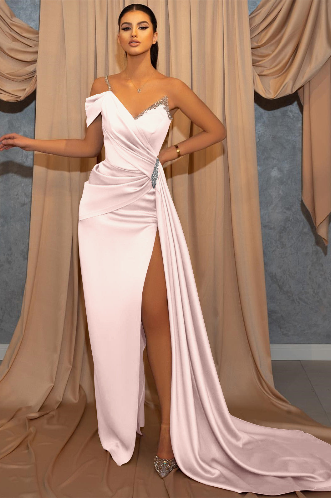 One-Shoulder V-Neck Spaghetti-Strap Beaded Mermaid Prom Dress with Slit