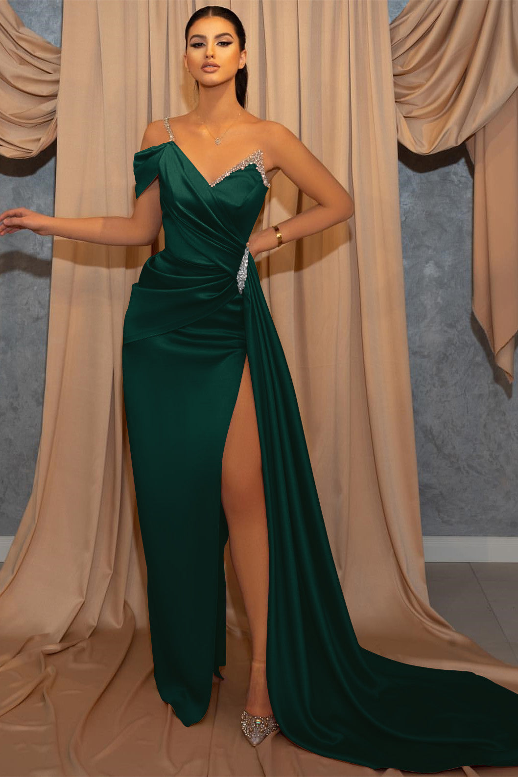 One-Shoulder V-Neck Spaghetti-Strap Beaded Mermaid Prom Dress with Slit