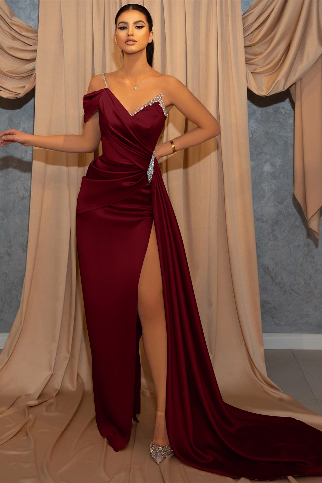 One-Shoulder V-Neck Spaghetti-Strap Beaded Mermaid Prom Dress with Slit