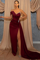 One-Shoulder V-Neck Spaghetti-Strap Beaded Mermaid Prom Dress with Slit
