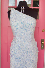 One Shoulder White Sequined Long Prom Dress with Slit