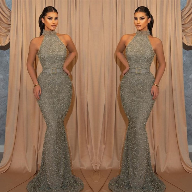 Online Sequined Sleeveless Halter Mermaid Evening Dress with Belt
