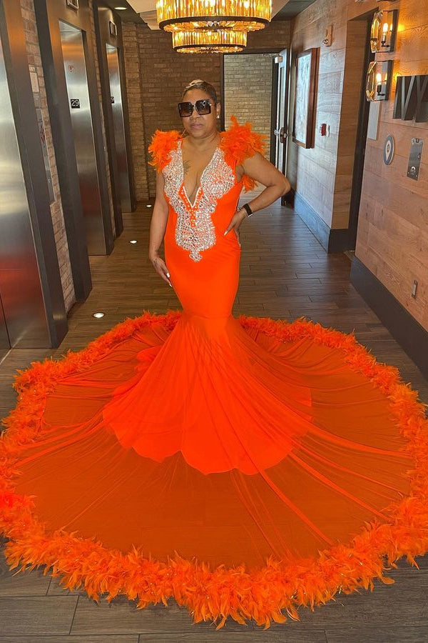 Orange Mermaid Evening Dress with Long Appliques and Feather Detail