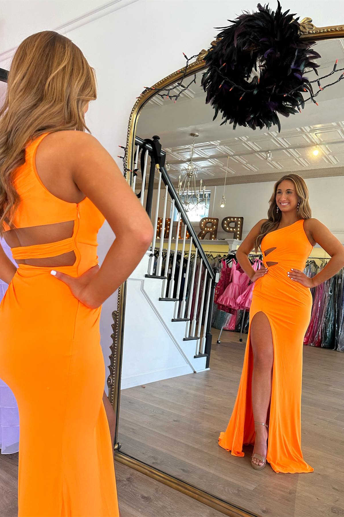 Orange One Shoulder Cut Out Waist Mermaid Prom Dress