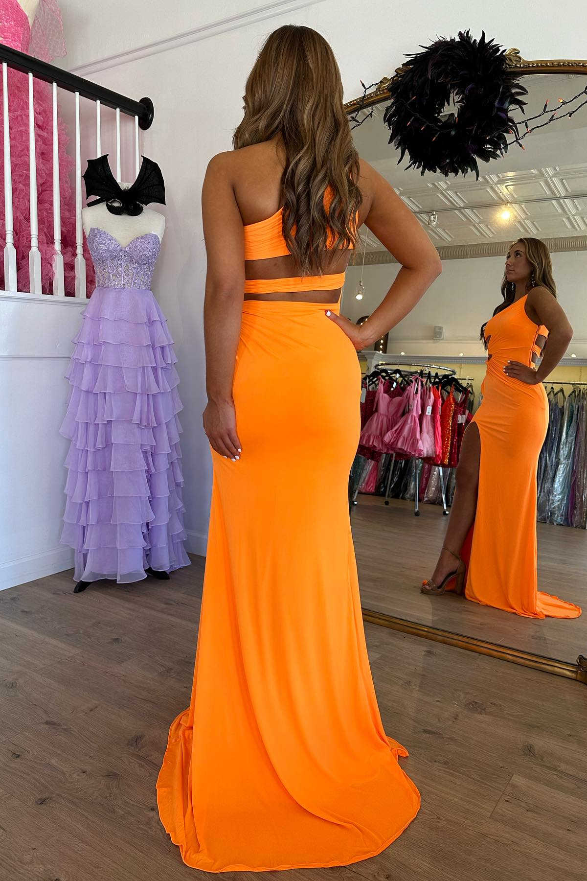 Orange One Shoulder Cut Out Waist Mermaid Prom Dress