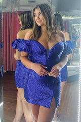 Orange Plunging Off-the-Shoulder Sequins Bodycon Homecoming Dress