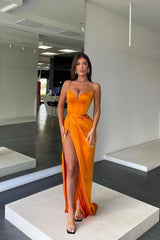 Orange Spaghetti Strap Long Prom Dress with Split