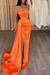 Orange Strapless Long Mermaid Prom Dress Split with Ruffles