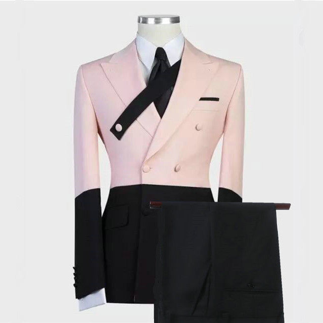 Pink and Black Double-Breasted Ring Bearer Suit with Peaked Lapel