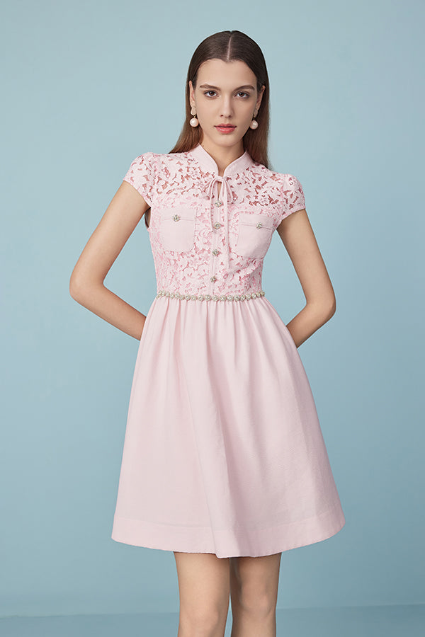 Babyonlines Pink Cap Sleeves Lace Short Dresses with Sash