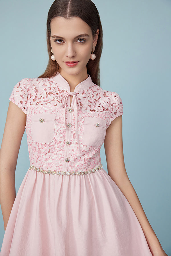 Babyonlines Pink Cap Sleeves Lace Short Dresses with Sash
