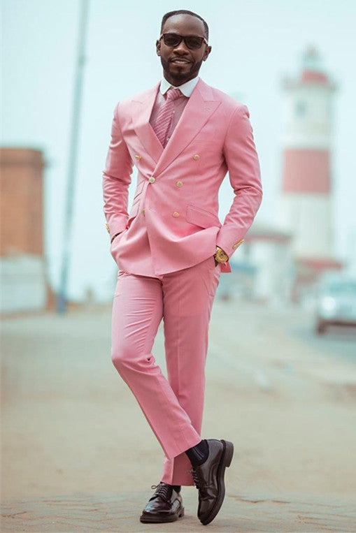 Pink Double-Breasted Western Suit with Peaked Lapel for Wedding