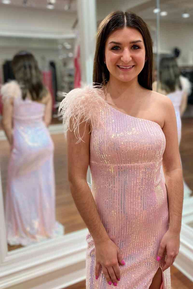 Pink Feather Shoulder Long Prom Gown with Slit