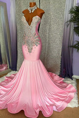 Pink Halter Evening Dress with Rhinestone Appliques