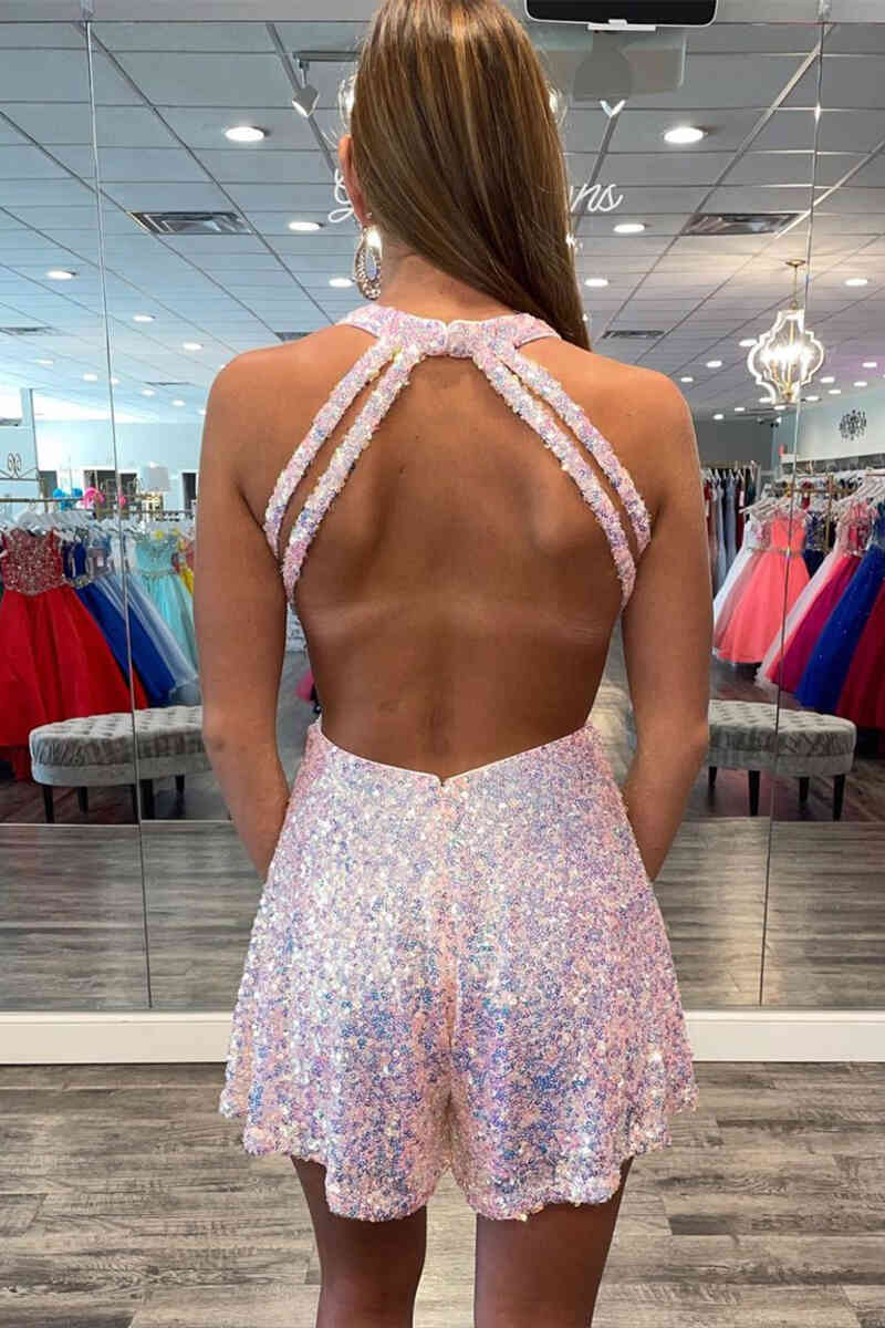 Pink Halter Sequined Short Homecoming Dress