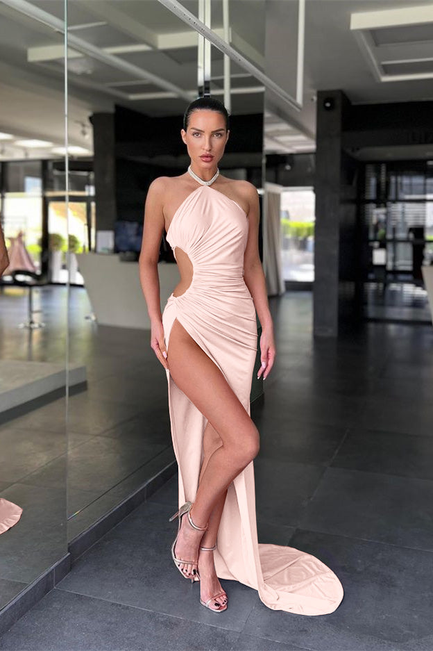 Pink Halter Sleeveless Mermaid Prom Dress with Long Split