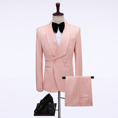 Pink Jacquard Double-Breasted Shawl Lapel Wedding Suit