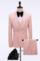 Pink Jacquard Double-Breasted Shawl Lapel Wedding Suit