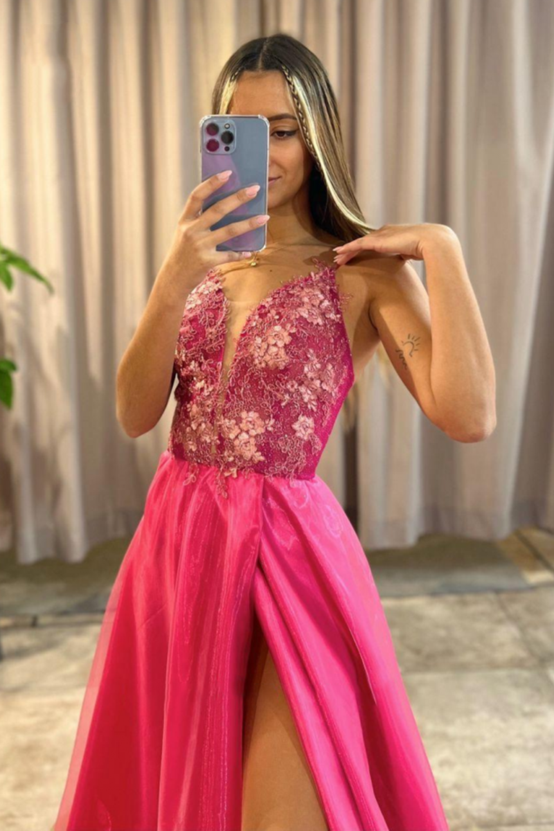 Pink V Neck A-Line Long Prom Dress with Split and Lace Appliques