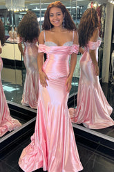 Pink Mermaid Off-the-Shoulder Beaded Pleated Long Prom Dress