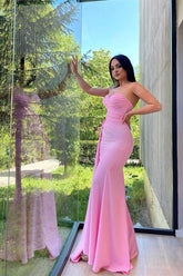 Pink Off-the-Shoulder A-Line Silk Evening Dress with Slit