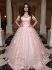 Pink Long Ball Gown Off the Shoulder Tulle Applique Lace Prom Dresses with Bow