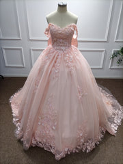 Pink Long Ball Gown Off the Shoulder Tulle Applique Lace Prom Dresses with Bow