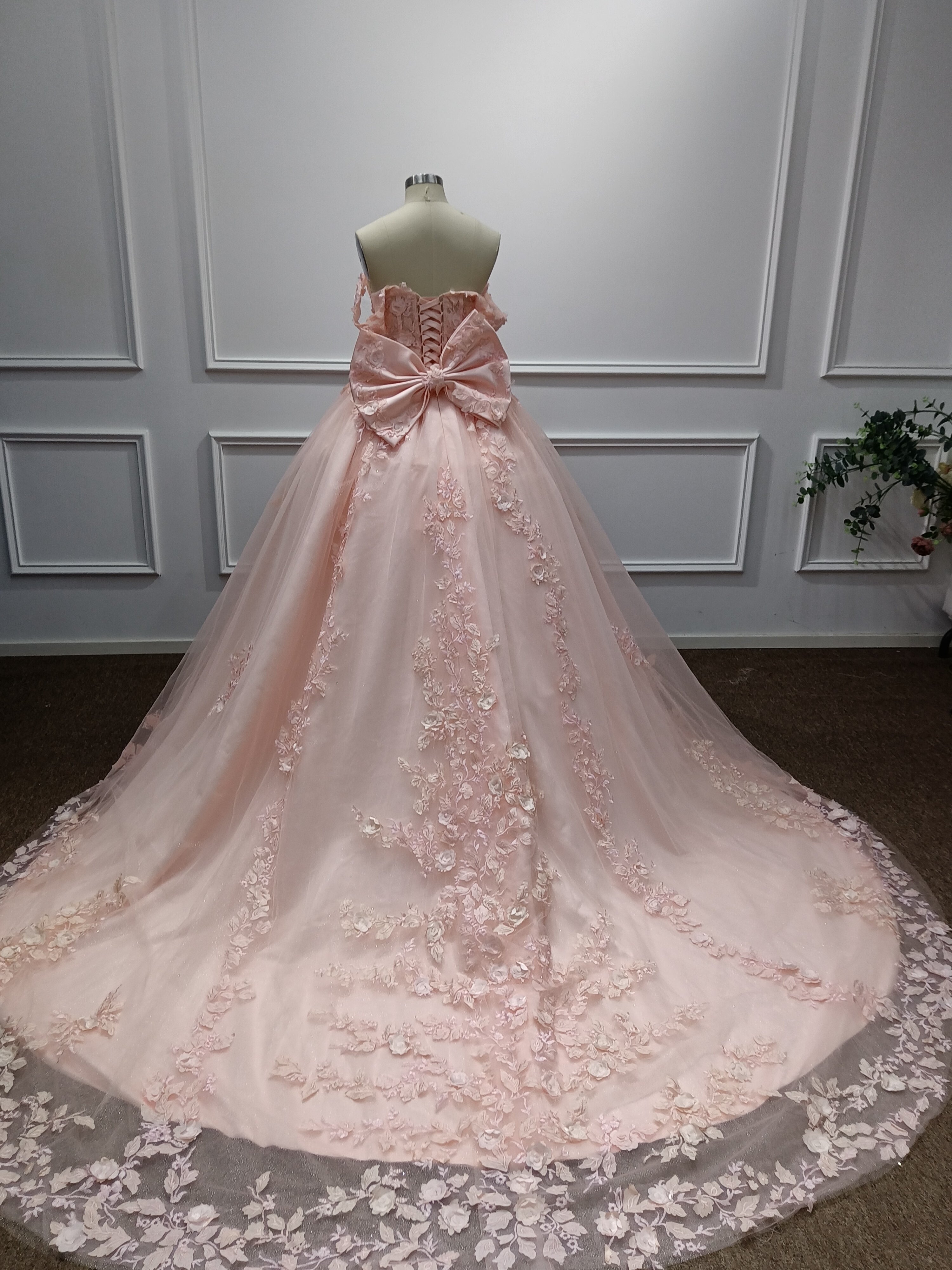 Pink Long Ball Gown Off the Shoulder Tulle Applique Lace Prom Dresses with Bow