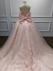 Pink Long Ball Gown Off the Shoulder Tulle Applique Lace Prom Dresses with Bow