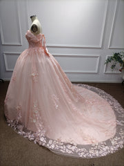 Pink Long Ball Gown Off the Shoulder Tulle Applique Lace Prom Dresses with Bow