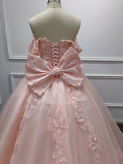 Pink Long Ball Gown Off the Shoulder Tulle Applique Lace Prom Dresses with Bow