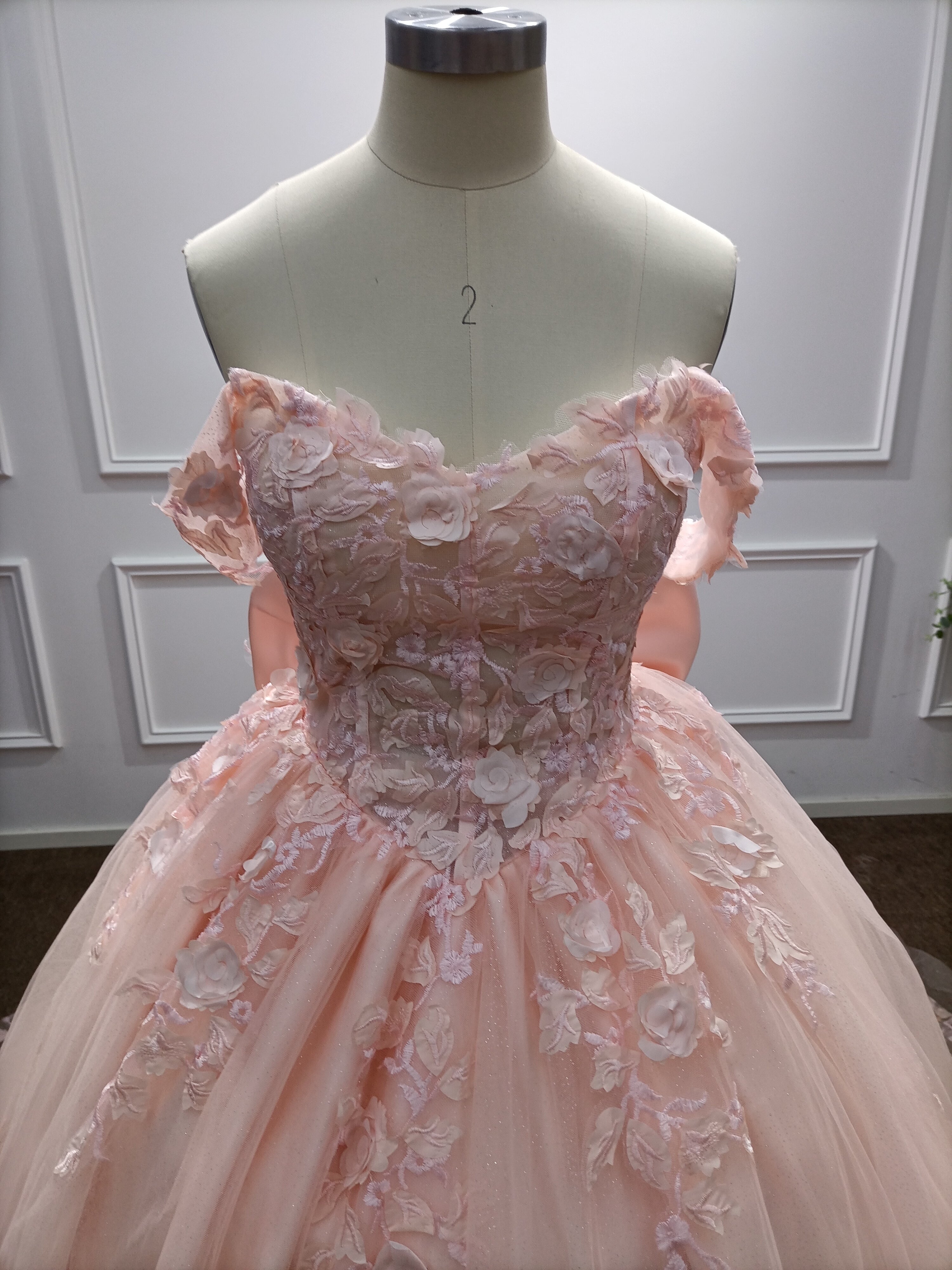 Pink Long Ball Gown Off the Shoulder Tulle Applique Lace Prom Dresses with Bow