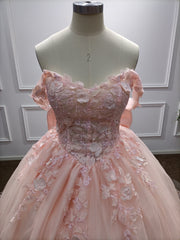 Pink Long Ball Gown Off the Shoulder Tulle Applique Lace Prom Dresses with Bow