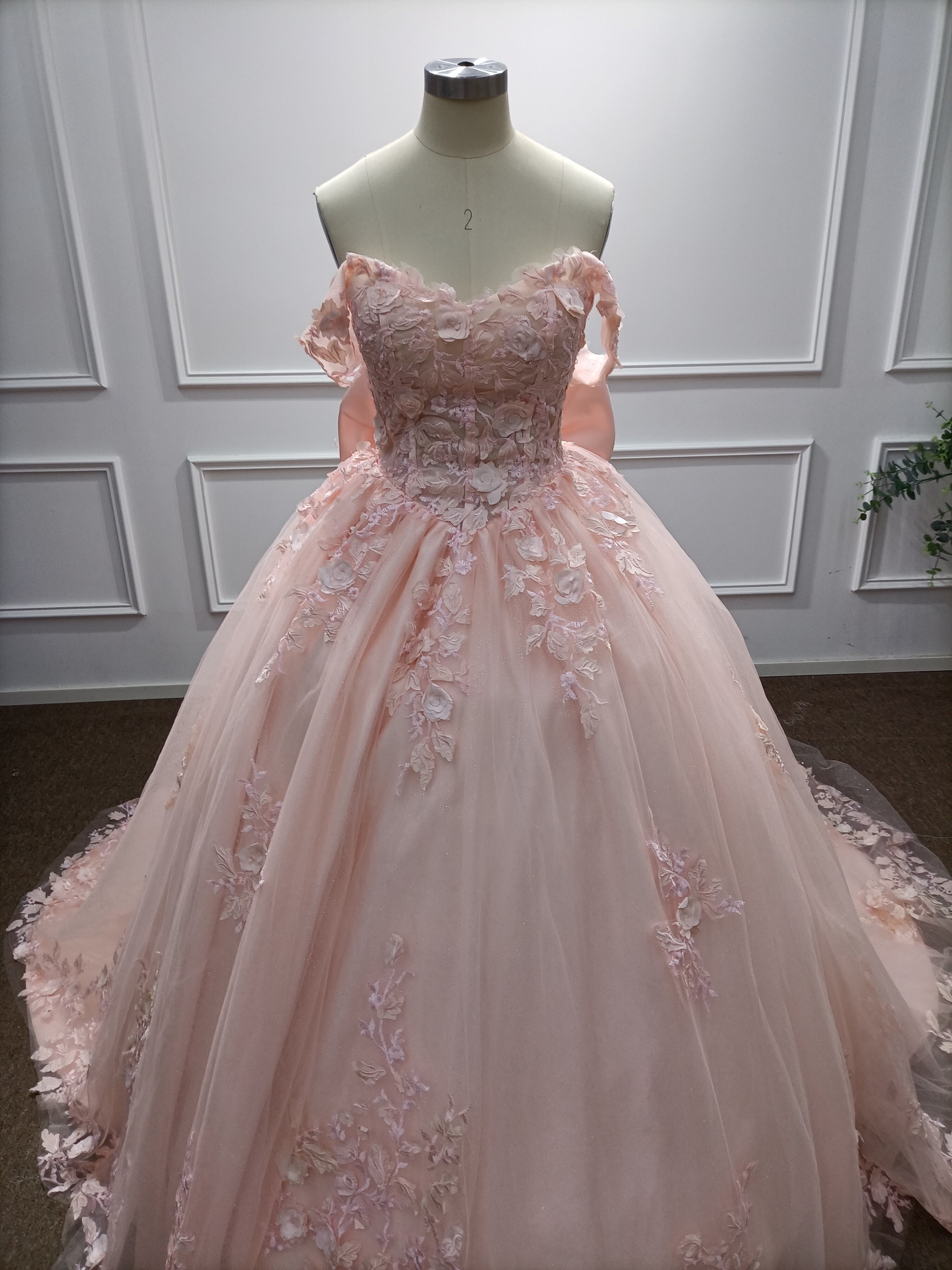 Pink Long Ball Gown Off the Shoulder Tulle Applique Lace Prom Dresses with Bow