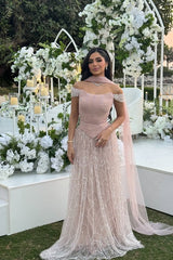 Long A-line Sequined Off-the-Shoulder Evening Formal Dresses with Beaded