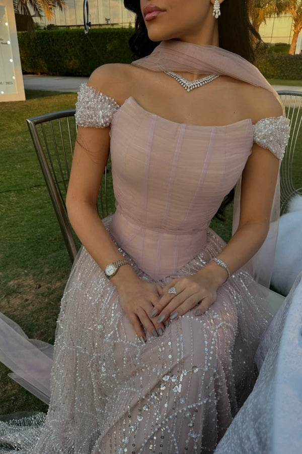 Long A-line Sequined Off-the-Shoulder Evening Formal Dresses with Beaded