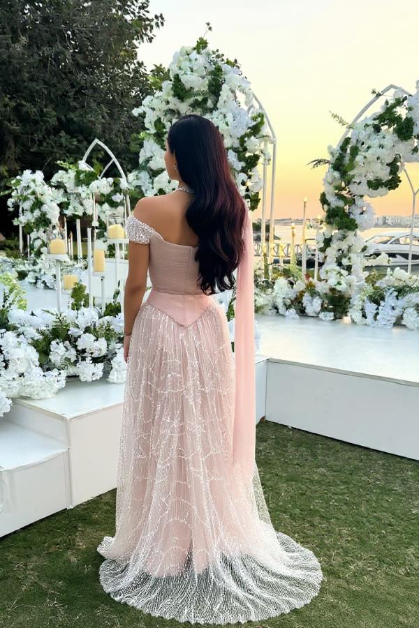 Long A-line Sequined Off-the-Shoulder Evening Formal Dresses with Beaded