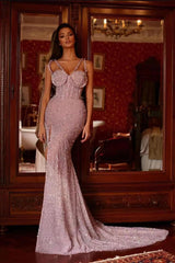 Pink Purple Gorgeous Beadings Prom Dress V-Neck Mermaid Long with Split