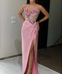 Pink Sequin Applique Long Prom Dress with High Slit