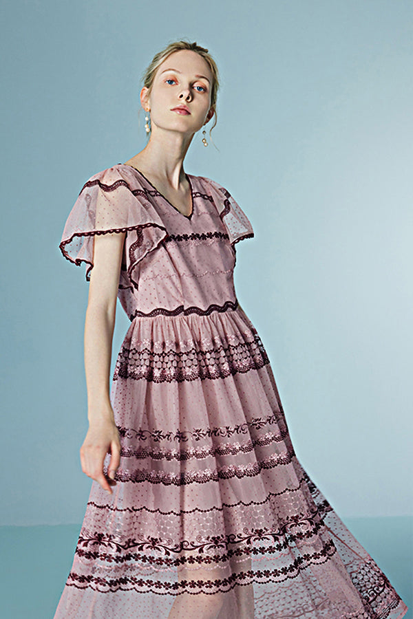 Babyonlines Pink Short Sleeves V-neck Long Dresses