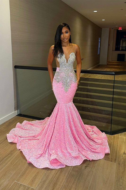 Pink Sleeveless Sequins Mermaid Evening Dress Long with Slit